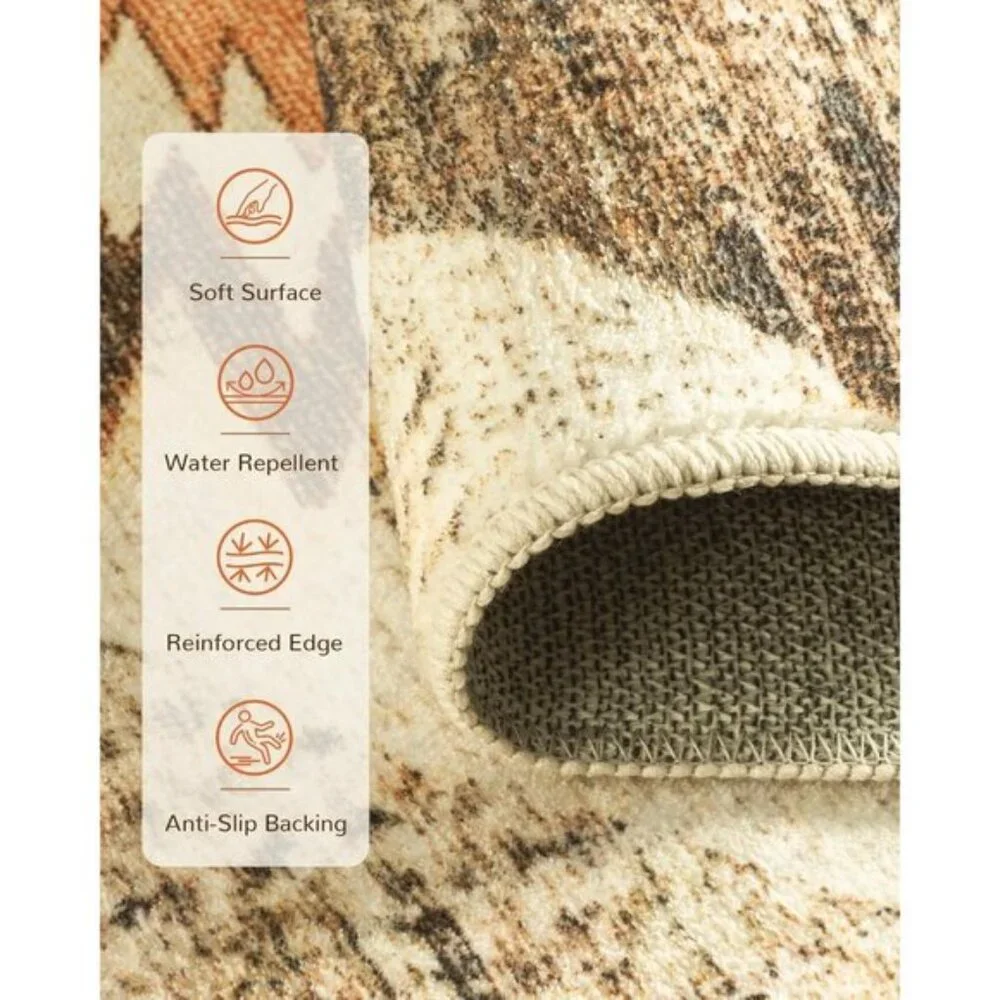 5x7 Cream Camel Rug, Washable Western Print Low Pile Non-Slip Carpet for Home